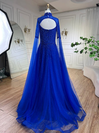 Ships in 1 to 3 Days - Arabic Blue Cape Sleeves A-Line Beaded Luxury Dubai Evening Dresses Wedding Party Gowns For Women 2024