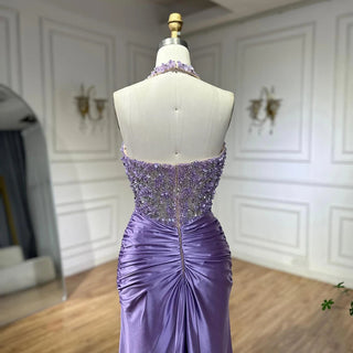 2025 Arabic Lilac Halter Neck Side Slit Mermaid Luxury Dubai Evening Gown Beaded Dress for Women's Party