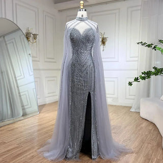 Caramel Cape Sleeves Mermaid High Split Beaded Evening Dress - Long Celebrity Gown for Woman Party