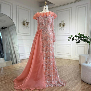 Elegant Peach Mermaid Arabic Evening Dress 2024 - One Shoulder, Luxury Pearls, Beaded Gown for Women's Party