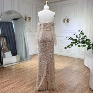 Luxurious Dubai Arabian Nude Mermaid Evening Dress with Gloves - Elegant Gown for Women's Wedding Parties 2024