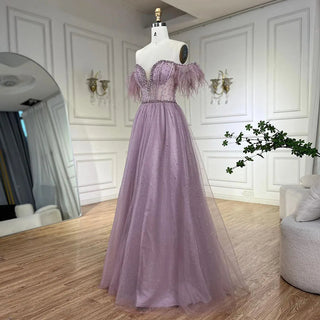 Ships in 1 to 3 Days - Dubai Arabic Elegant Lilac Feathers Beaded A-Line Evening Gown 2024 Luxury Dress for Women Long Party Dress