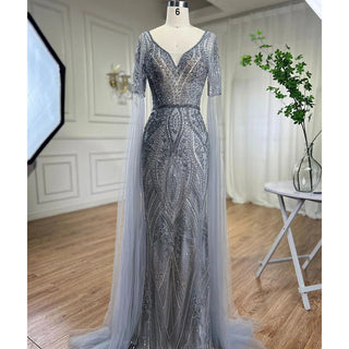 Emerald Elegance: 2024 Luxury Evening Dresses with Cape Sleeves in Rose Gold and Gray