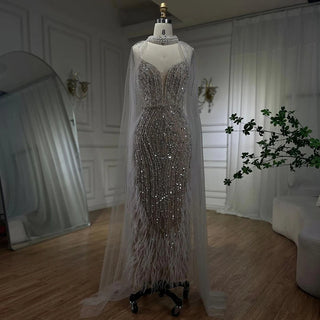 Ships in 1 to 3 Days - 2024 White Nude Mermaid Wedding Party Dress: Beaded Feathers Luxury Cape Sleeves Prom Gown