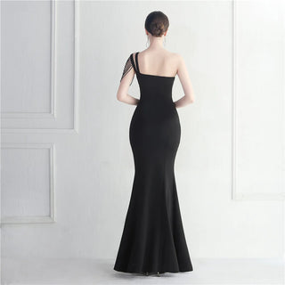 Black One-Shoulder Slash Neck Beaded Evening Dress - Sexy Slit Long Prom Party Maxi Dress