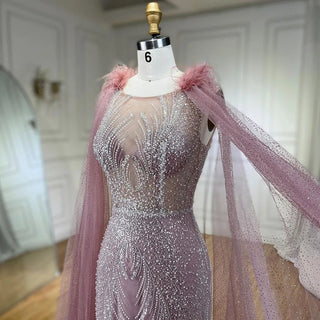 Arabic Pink Mermaid Evening Dress with Elegant Luxury Feathers Beaded Cape Sleeves for Women's Party 2024