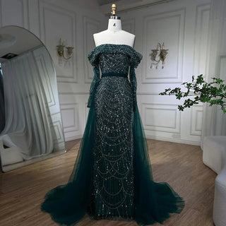 Ships in 1 to 3 Days - Arabia Nude Mermaid Boat Neck Evening Dress with Overskirt - Luxurious Attire for Women's Wedding Party 2024