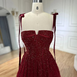 Ships in 1 to 3 Days - 2024 Saudi Wine Red Beaded Evening Gown - Spaghetti Strap A-Line Luxury Floor-Length Dress for Formal Occasions