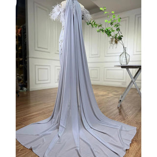 Gray Beaded Arabic Midi Ankle-Length Evening Dress with Cape Feather Gown: Elegant Attire for Women's Wedding Party 2024