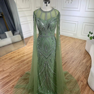 Ships in 1 to 3 Days - 2024 Arabic Caramel Mermaid Evening Dress with Beaded Elegant Cape Sleeves Gown for Women's Wedding Party