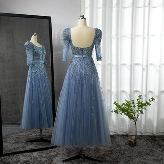 Blue Midi Evening Dress 2024 - Luxury Dubai Muslim Ankle-Length Arabic Short Wedding Formal Party Gown