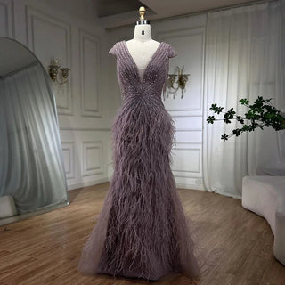 Arabic Brown Mermaid Elegant Evening Gown 2024: Feathers, Beaded Luxury for Women's Wedding Party