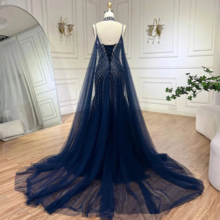 Blue Spaghetti Strap Long Cloak Mermaid Beaded Lace-Up Luxury Evening Dresses Gowns for Women Wedding Party