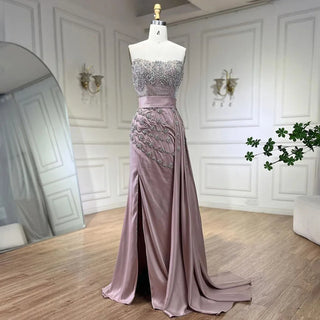 High Split Mermaid Nude Evening Dress 2024: Sexy Strapless Gown with Crystal Beading