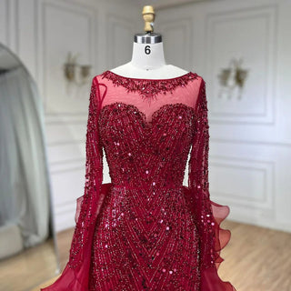 Ships in 1 to 3 Days - Fuchsia Mermaid Over Skirt Beaded Luxury Dubai Long Evening Dresses: Gowns for Women's Wedding Party 2024