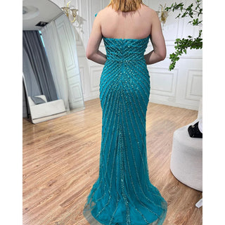 Caramel High Split Off Shoulder Mermaid Evening Dress - Beaded Gown for Women Wedding Party 2024