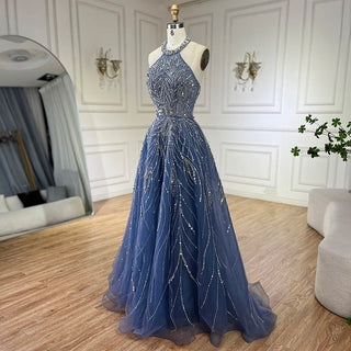 Ships in 1 to 3 Days - Elegant Blue Arabic A-Line Halter Gown Luxury Dubai Evening Dress for Women - Wedding Party 2024