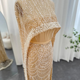 New for 2024: Luxury Champagne Dubai Evening Dresses with Pearls and Cape, Perfect for Arabic Women's Mermaid Wedding Party and Prom Dress