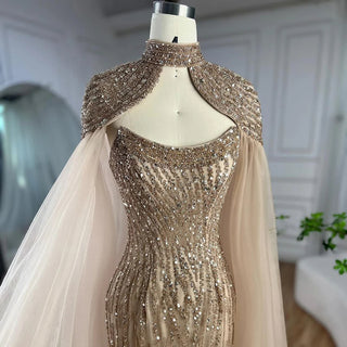 Dubai Caramel Dream: 2024 Mermaid Long Cloak Beaded Pearls Luxury Evening Gown - Dress for Women's Wedding Party