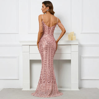 Sexy V-Neck Pink Sequin Party Maxi Dress with Straps and Beading - Long Prom Evening Dress for Women