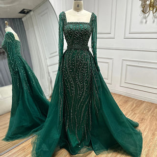 Luxurious Green Beaded Mermaid Evening Gown with Overskirt