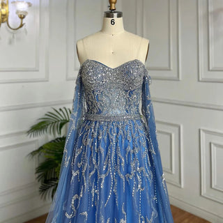 Ships in 1 to 3 Days - Blue A-Line Off-Shoulder Cape Sleeves Evening Dress 2024 - Beaded Luxury Gown for Women's Arabic Party