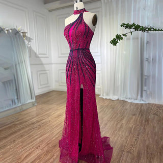 Fuchsia Halter Sleeveless Beaded Mermaid High Split Evening Dress: Party Gown for Women 2024