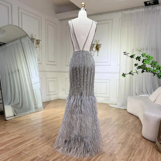 Dubai Luxury Feathers Mermaid Evening Gown - V-Neck Sleeveless Sparkle Evening Dress