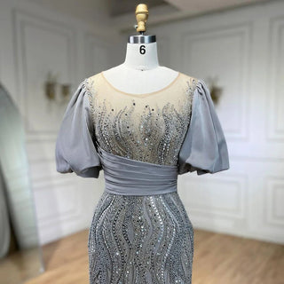 Silver Nude Luxury Mermaid Beaded Evening Dress Gown 2024: Puffy Sleeves, Elegant for Women Party