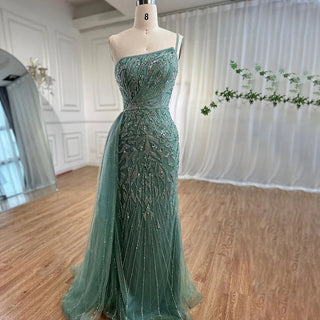 Elegant Blue Mermaid Evening Gown 2024: One Shoulder with Overskirt, Luxury Beaded for Women's Party