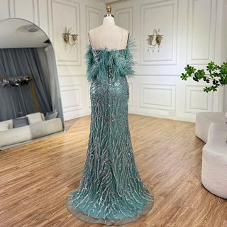 Turquoise Spaghetti Strap High-Split Mermaid Beaded Feathers Evening Gown for Women Wedding Party 2024