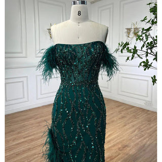 Green Mermaid High Split Evening Dress - Luxurious Beaded Feather Embellishments for Women's Wedding, Prom, or Party 2024