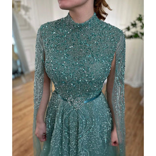 Turquoise Elegance: 2023 A-Line Cape Sleeves Muslim Luxury Beaded Evening Dress - Party Gown for Women