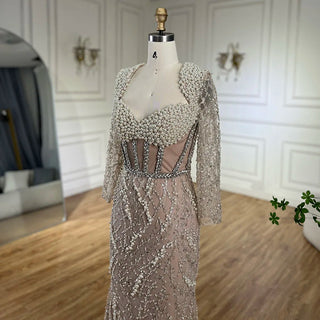 Ships in 1 to 3 Days - Dubai Luxury Pearls Beaded Nude Elegant Arabic Mermaid Evening Dress for Women - Wedding Party 2024