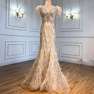 Champagne Mermaid Sleeveless Evening Dress: Elegant Formal Luxury with Diamond Feathers 2024