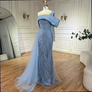 Arabic Lilac Evening Dress with Side Train and Pearl-Adorned One Shoulder - Women's Formal Prom Wedding Party Gown (2024)