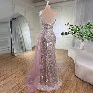 Ships in 1 to 3 Days - Pink Mermaid Overskirt Evening Dresses Gowns 2024 One Shoulder Beaded Elegant For Women Party