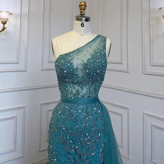 Turquoise Mermaid Evening Dress with High Split Skirt - Luxury Beaded Crystal Gown for Women (2024)