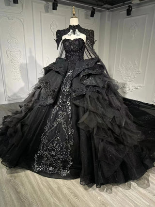 Elegant Black Gothic Ball Gown - Exquisite Off-Shoulder Beaded Evening Dress with Ruffled Layers and Cape