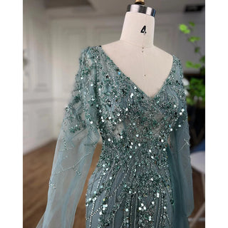 Ships in 1 to 3 Days - Turquoise High Split Mermaid Long Sleeves Evening Dress with Beading for Women Wedding Party