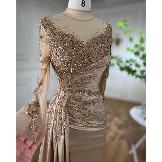 2024 Rose Gold Long Sleeve High Neck Mermaid Evening Gown with Side Skirt: Stain Elegance for Women's Party Glamour