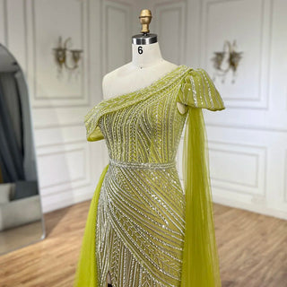 Arabic Blue One-Shoulder Yellow High-Split Mermaid Beaded Evening Gown for Women Wedding Party 2024