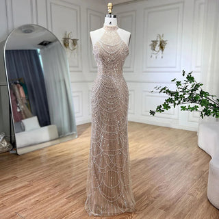 Luxurious Dubai Arabian Nude Mermaid Evening Dress with Gloves - Elegant Gown for Women's Wedding Parties 2024