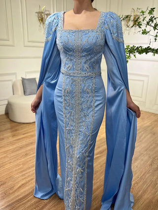 Blue Muslim Elegant Mermaid Evening Dress: Cape Sleeves, Arabic Beaded Gowns for Women's Wedding Party 2024