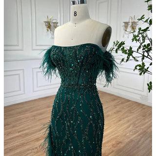 Green Mermaid High Split Evening Dress - Luxurious Beaded Feather Embellishments for Women's Wedding, Prom, or Party 2024