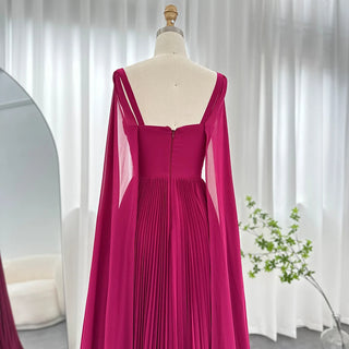 Chic Arabic Elegance: Fuchsia Chiffon Dubai Evening Dresses with Cape Sleeves for Women's Yellow Wedding Parties and Formal Gowns (2024)