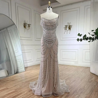 Dubai White Nude Strapless Mermaid Luxury Evening Dresses Gowns Pearls Beaded for Women Wedding Party 2024