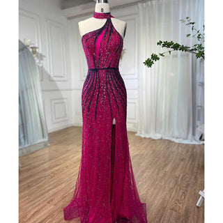 Fuchsia Halter Sleeveless Beaded Mermaid High Split Evening Dress: Party Gown for Women 2024