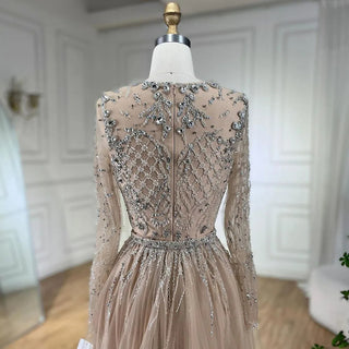 Ships in 1 to 3 Days - Silver Nude Mermaid Over Skirt Beaded Luxury Dubai Evening Dress Gown Long for Women Wedding Party 2024