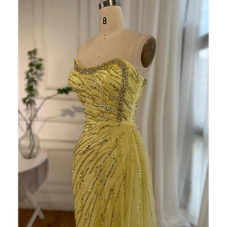 Yellow Mermaid Sexy High Split Evening Gown: One Shoulder Beaded Elegance for Women's Wedding Party 2024